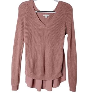 NY&C Dusty Rose Pink V-Neck Knit Sweater Blouse Lace & Sheer Accents Size Small